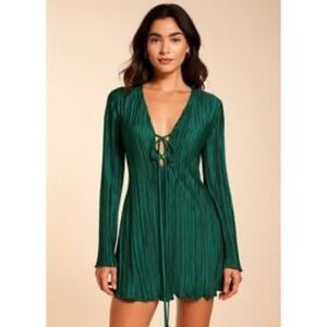 Hello Molly Mini Dress Plisse Long Sleeve Party Cocktail
Green US 6